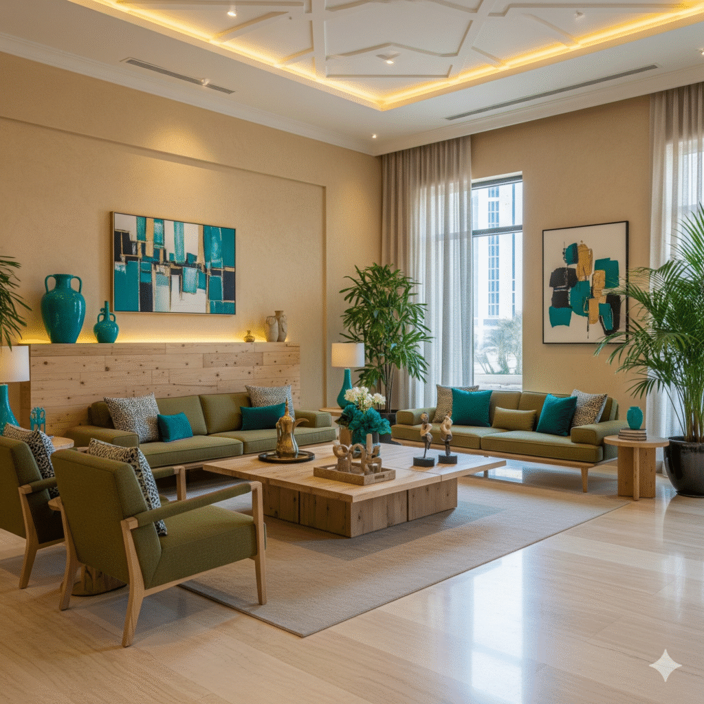 A modern Saudi living room in warm colors, comfortable furniture and elegant wall decor with artistic touches.