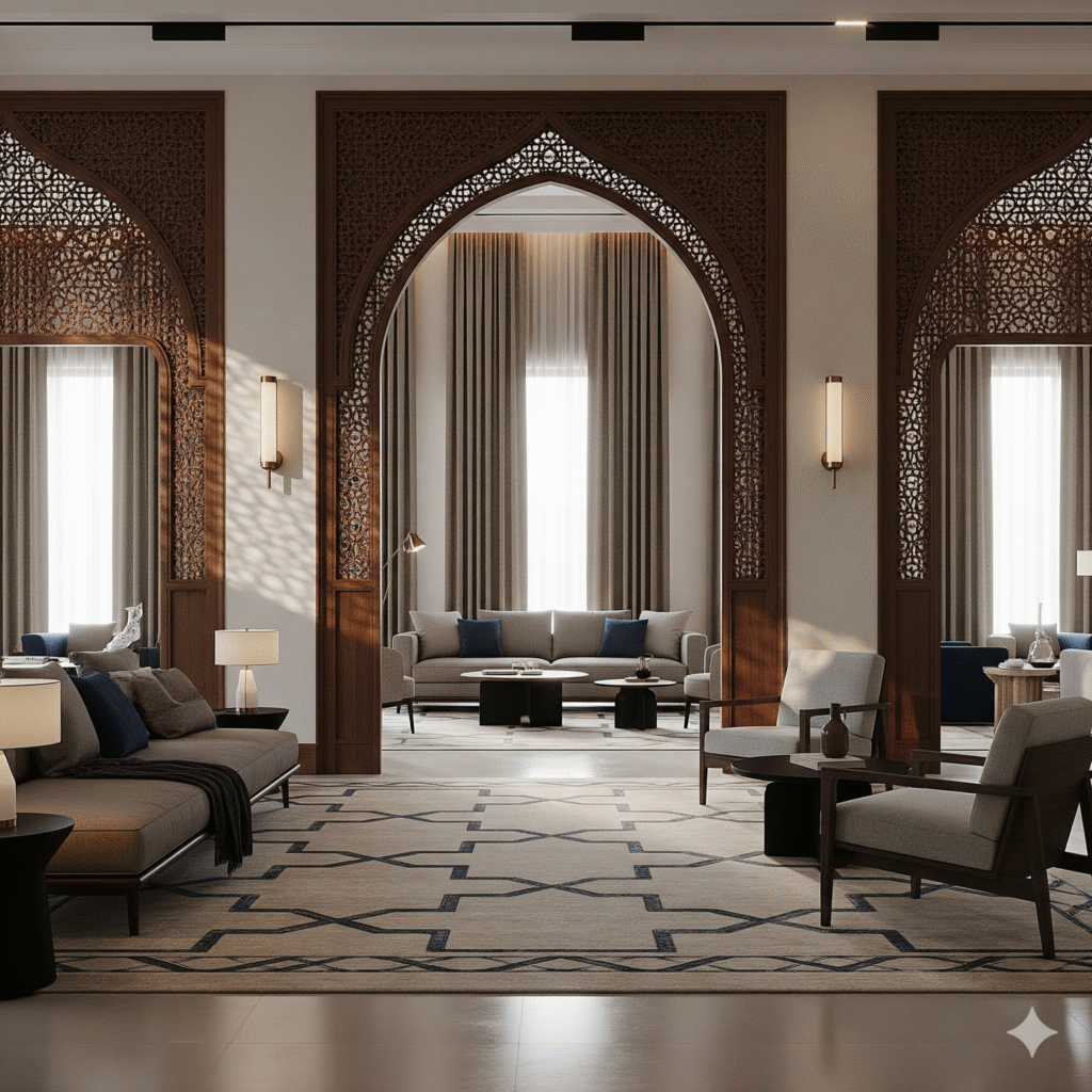A modern Saudi living room in warm colors, comfortable furniture and elegant wall decor with artistic touches.