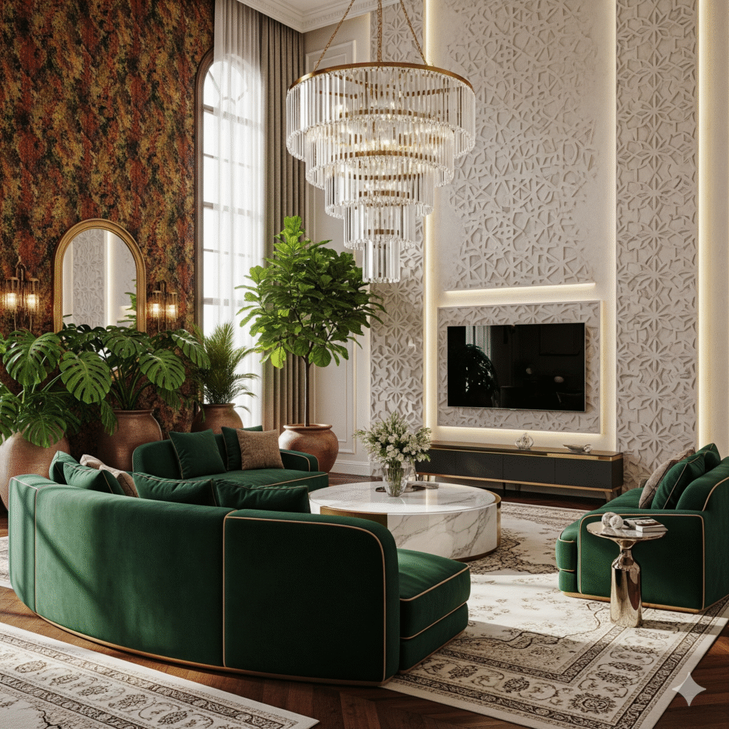Saudi interior decoration with the use of natural materials, green plants and energy-saving lighting.