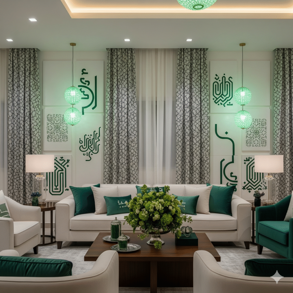 تصميم داخلي عصري بمناسبة اليوم الوطني السعودي مع ديكورات خضراء وبيضاء، أثاث حديث، وإضاءة احتفالية